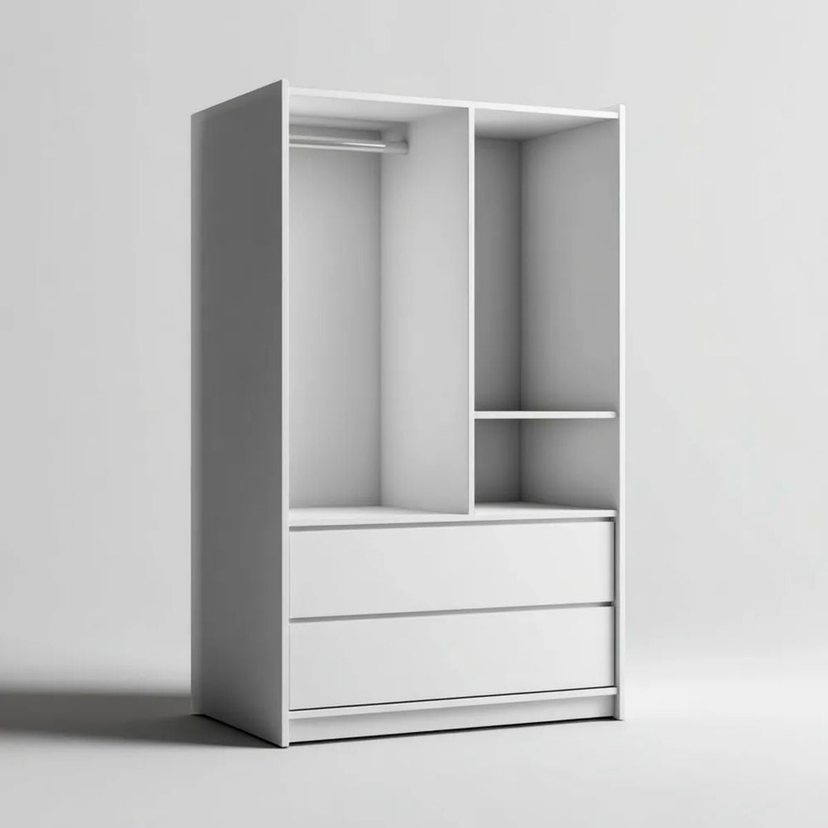 Biała otwarta szafa z płyty wiórowej 80 × 50 × 180 cm z drążkiem, półką i 2 szufladami