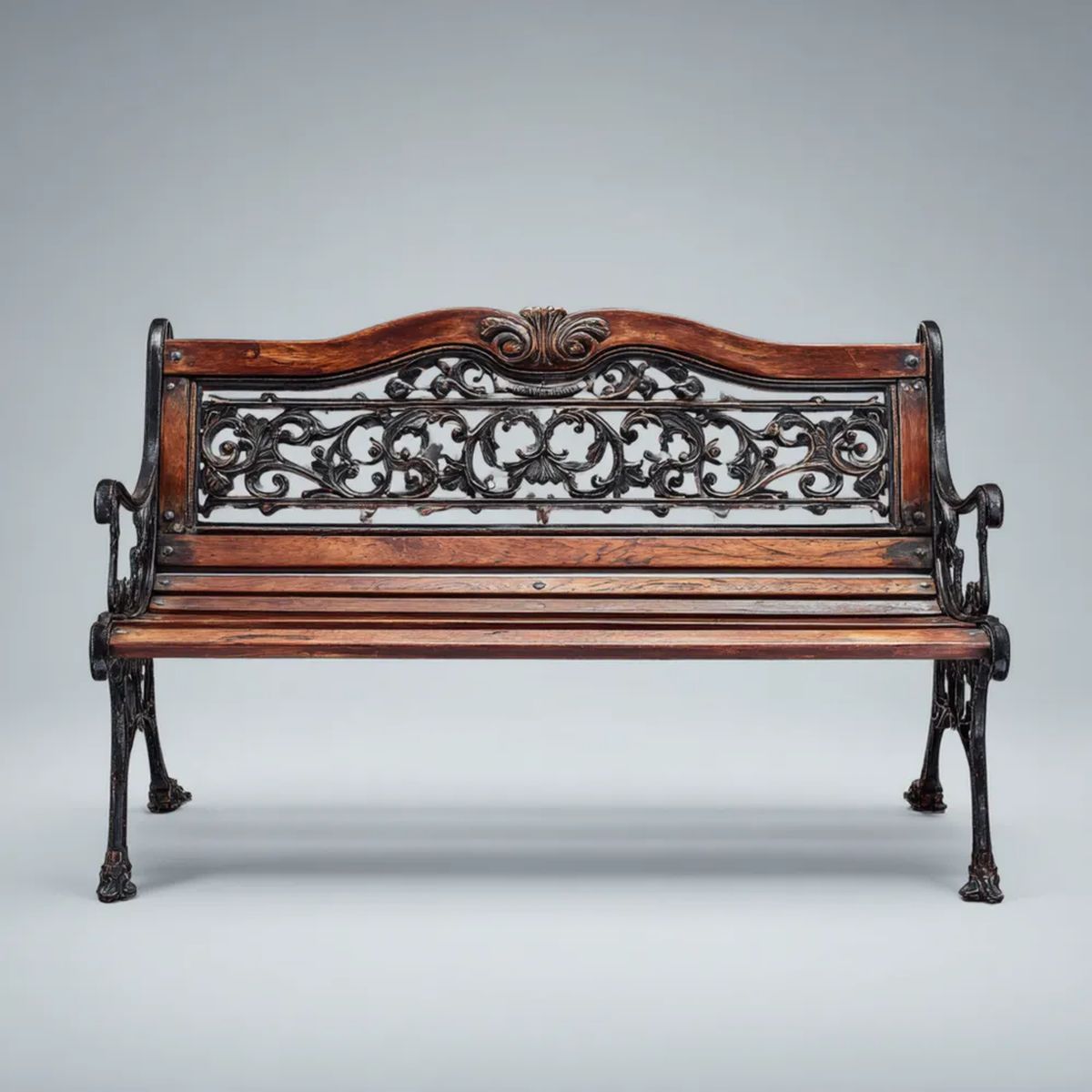 3-osobowa ławka ogrodowa z drewna i żeliwa, brązowo-czarna, 150 × 60 × 85 cm