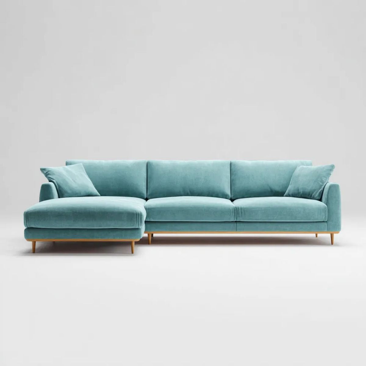 Turkusowa sofa narożna z szezlongiem z weluru poliestrowego, 280 x 160 x 85 cm