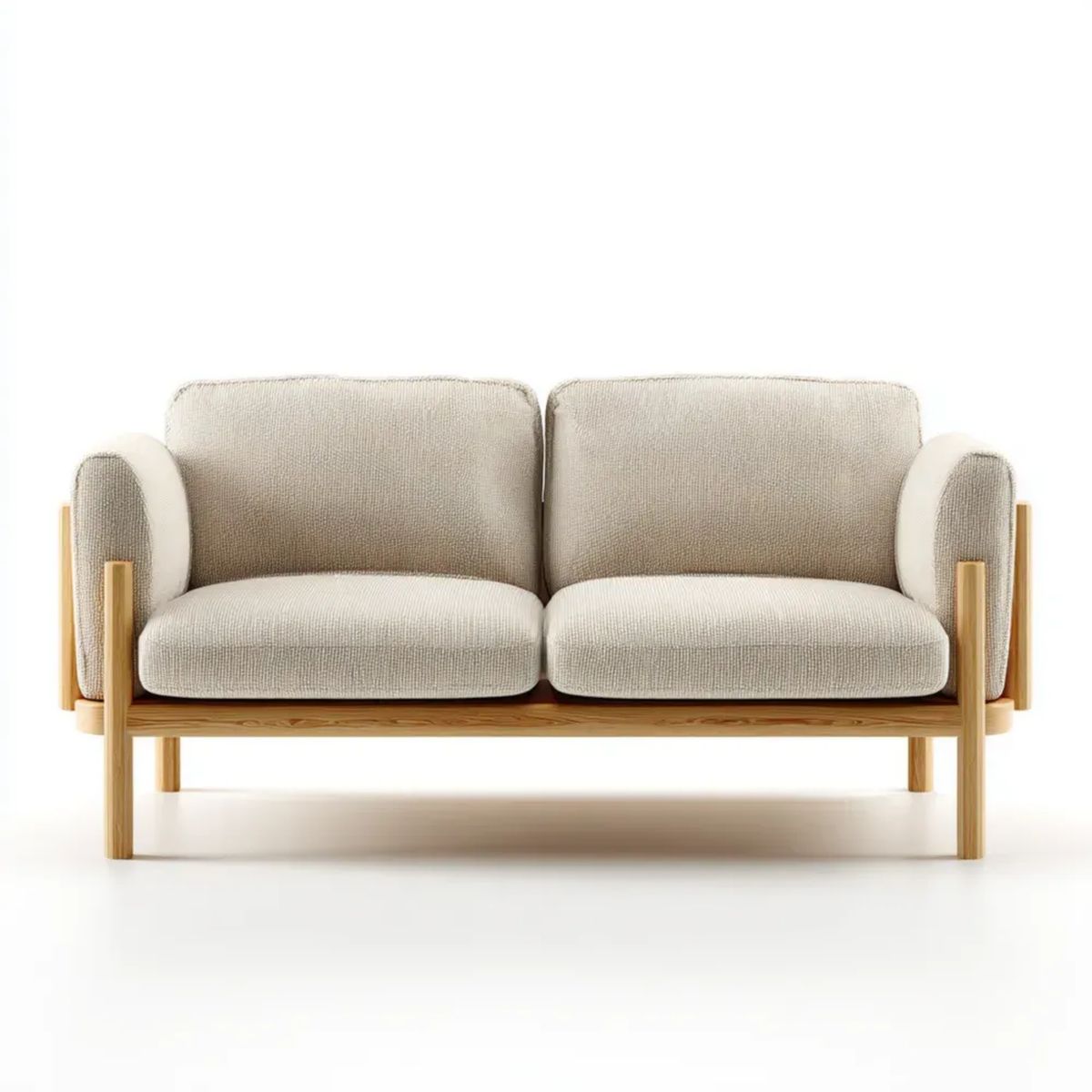 Dwuosobowa sofa beżowa z tkaniny i drewna 130 x 75 x 78 cm
