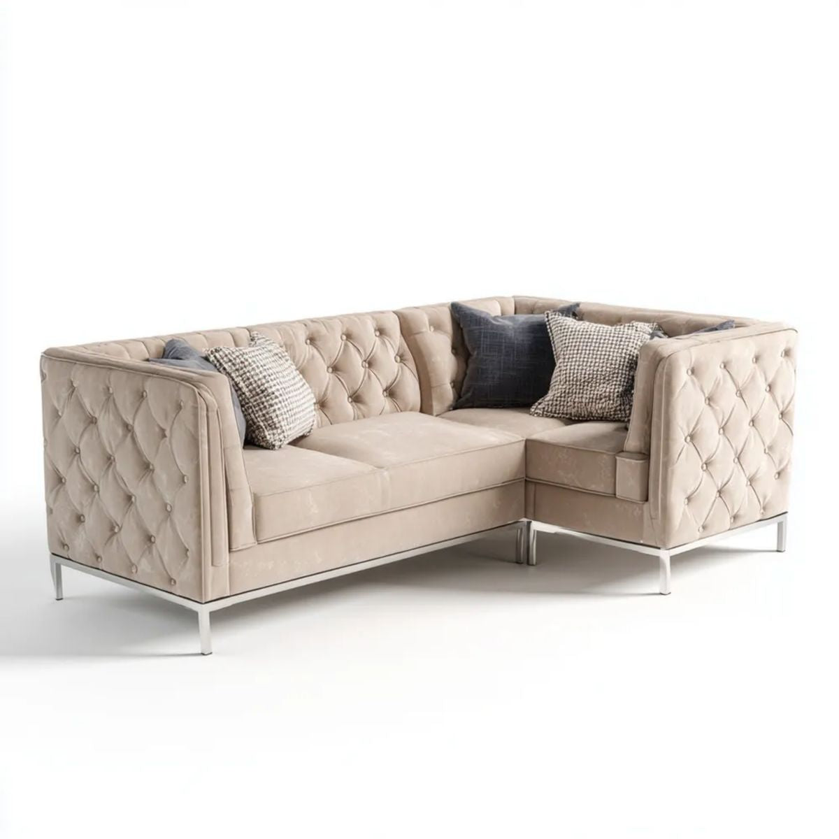Beżowa aksamitowa sofa narożna Chesterfield w kształcie L, 260 x 200 x 75 cm