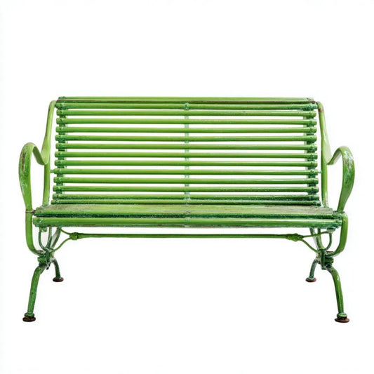 Dwuosobowa ławka ogrodowa ze stali zielona 120 x 60 x 85 cm z oparciem i podłokietnikami