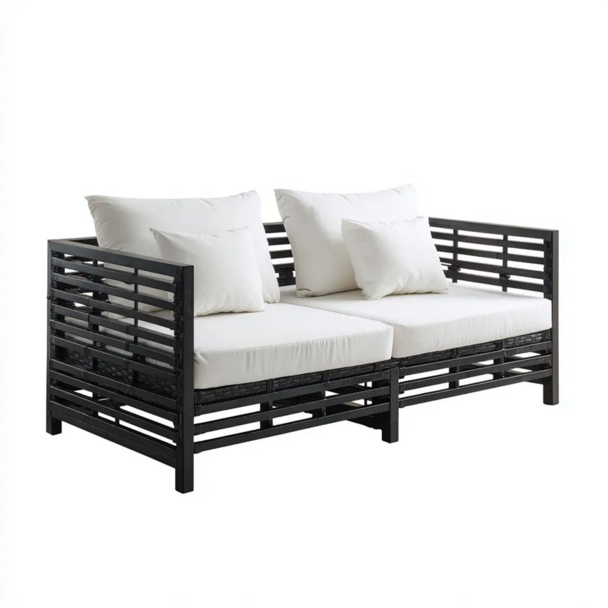 2-osobowa sofa ogrodowa z bambusa, czarna z kremowymi poduszkami, 120 x 65 x 70 cm