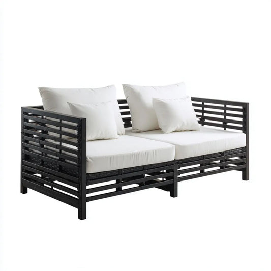 2-osobowa sofa ogrodowa z bambusa, czarna z kremowymi poduszkami, 120 x 65 x 70 cm