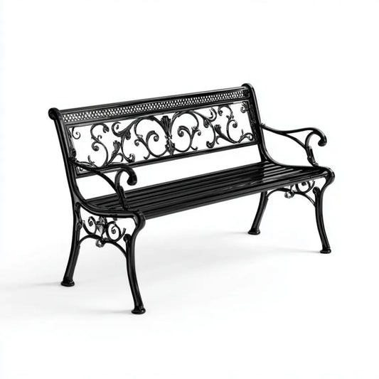Dwuosobowa ławka ogrodowa z żeliwa czarna 122 x 63 x 87 cm z oparciem i podłokietnikami