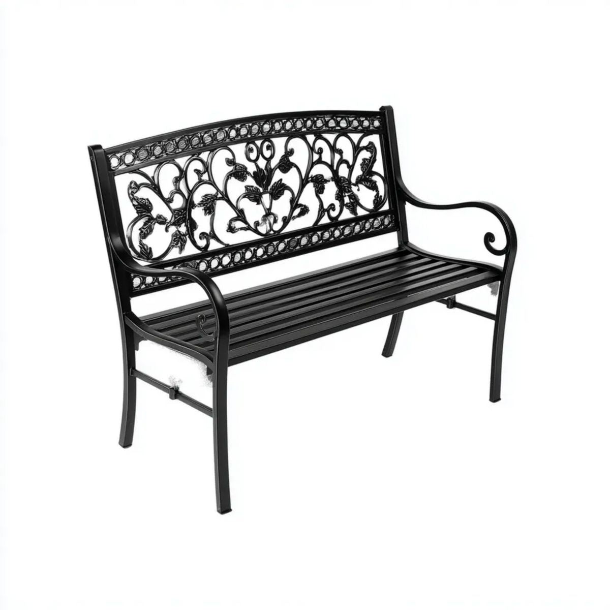 Dwuosobowa ławka ogrodowa ze stali czarna 125 x 58 x 80 cm z ozdobnym oparciem