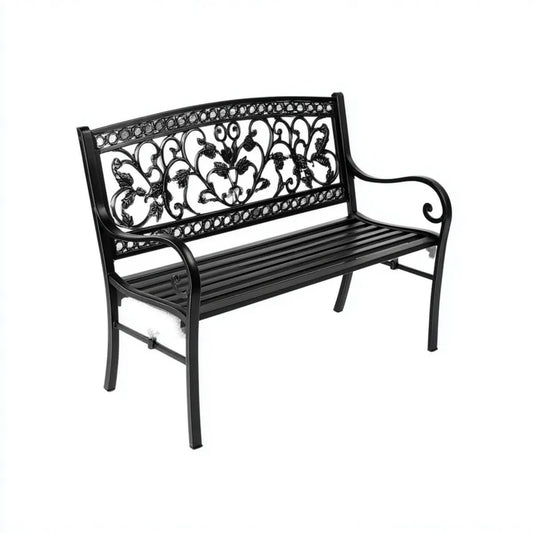 Dwuosobowa ławka ogrodowa ze stali czarna 125 x 58 x 80 cm z ozdobnym oparciem