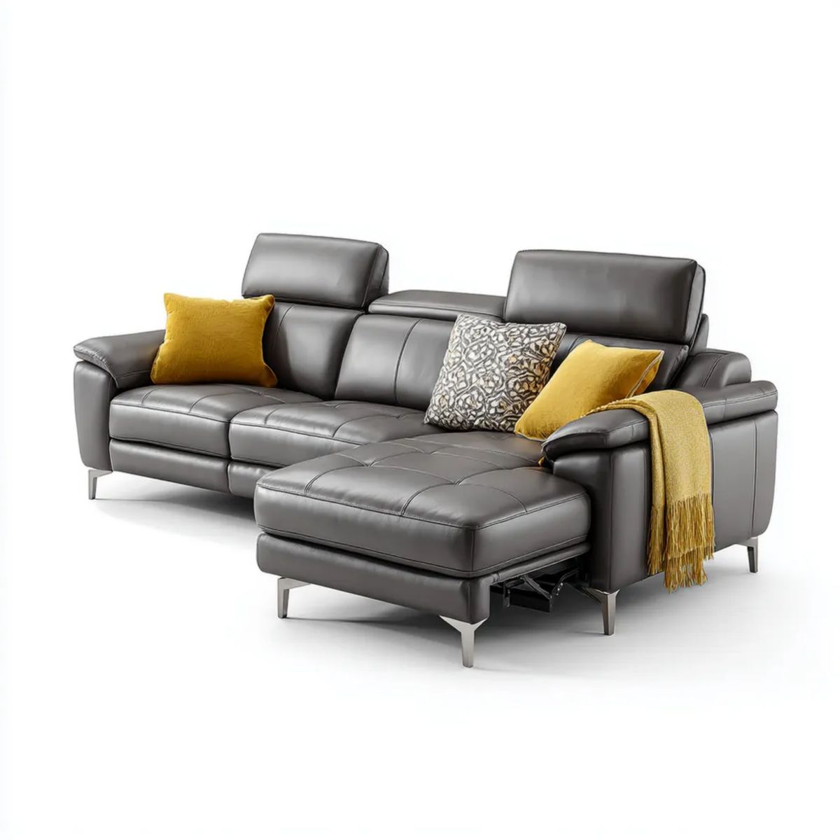 3-osobowa sofa z szezlongiem ze skóry syntetycznej, szara, 285 × 170 × 102 cm