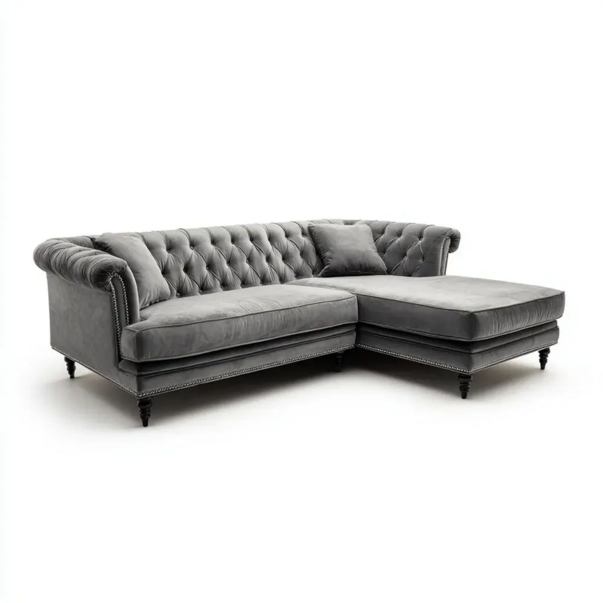 Szara sofa narożna Chesterfield z tkaniny, prawostronna, 260 x 170 x 78 cm