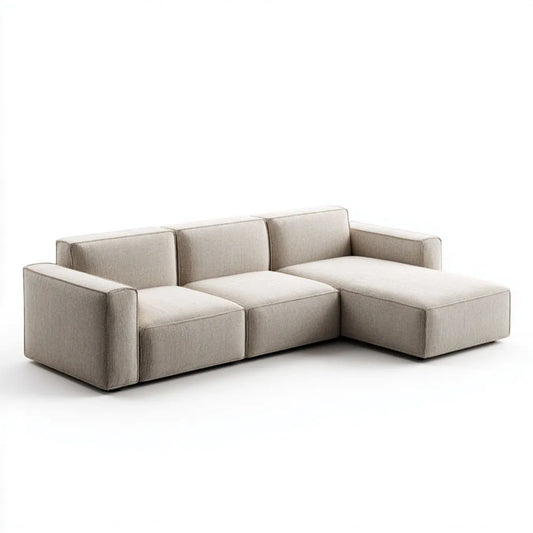 Beżowa sofa narożna 3-osobowa w kształcie L z tapicerką poliestrową, 250 x 160 x 78 cm