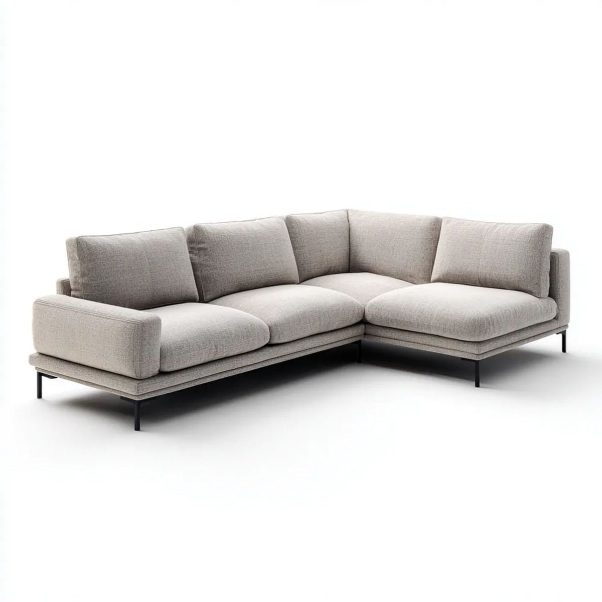 Jasnoszara sofa narożna w kształcie L z tapicerką poliestrową i czarnymi metalowymi nogami, 280 × 220 × 85 cm