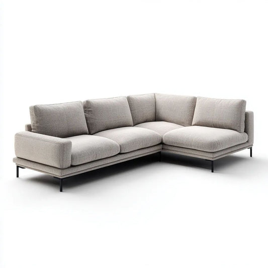 Jasnoszara sofa narożna w kształcie L z tapicerką poliestrową i czarnymi metalowymi nogami, 280 × 220 × 85 cm
