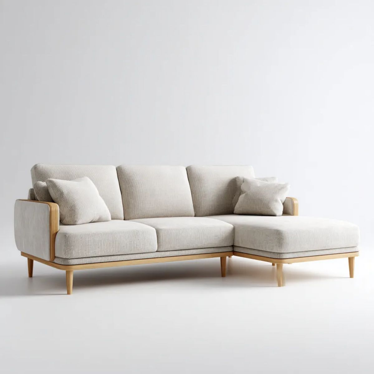 Beżowa sofa narożna z prawostronnym szezlongiem, tkanina i lite drewno, 250 × 160 × 82 cm