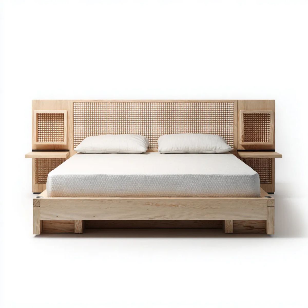 Łóżko dwuosobowe 160 x 200 cm z 2 stolikami nocnymi, lite drewno, rattan, naturalny jasny brąz