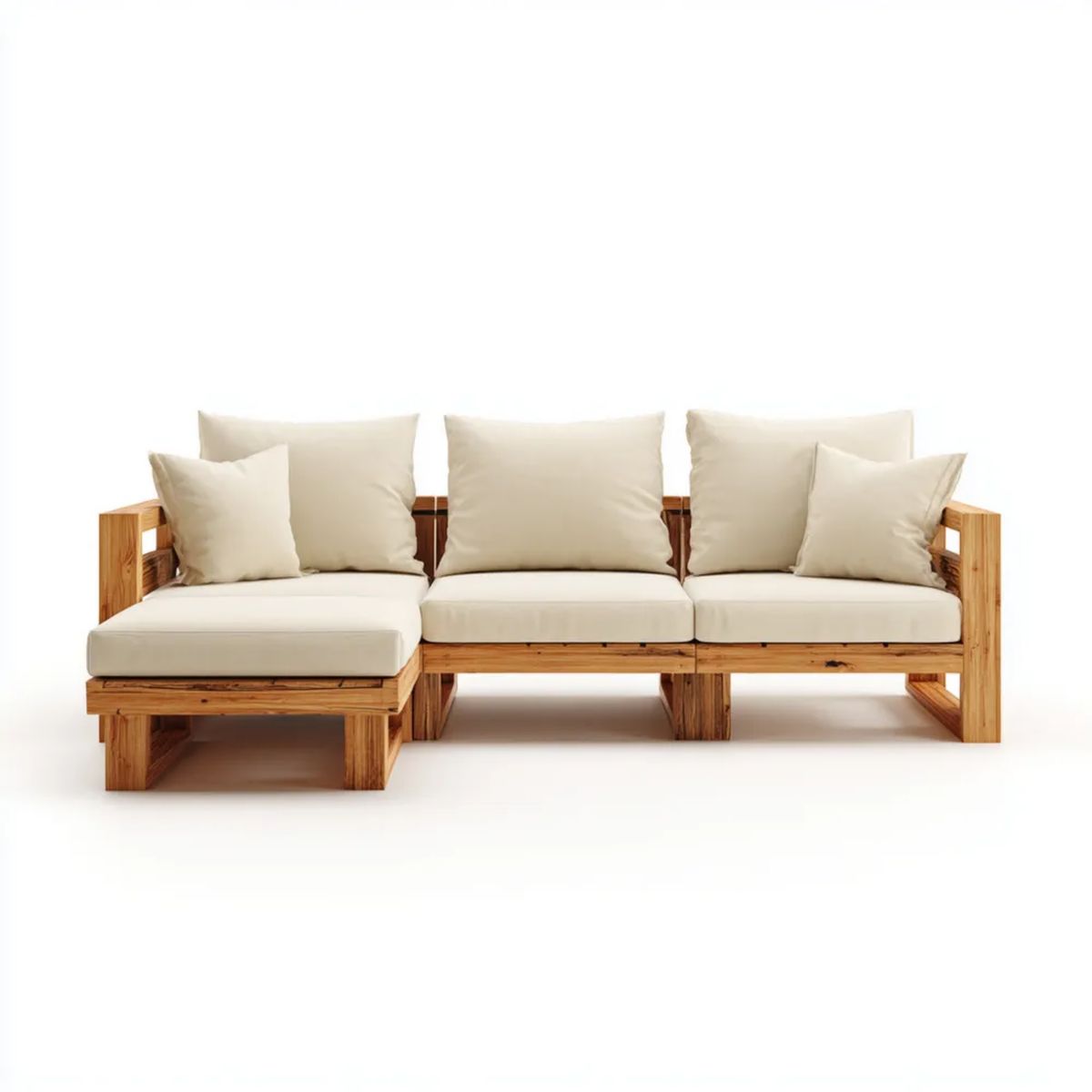 Lewostronna narożna sofa ogrodowa 3-osobowa z drewna akacjowego, beżowa, 220 x 150 x 68 cm