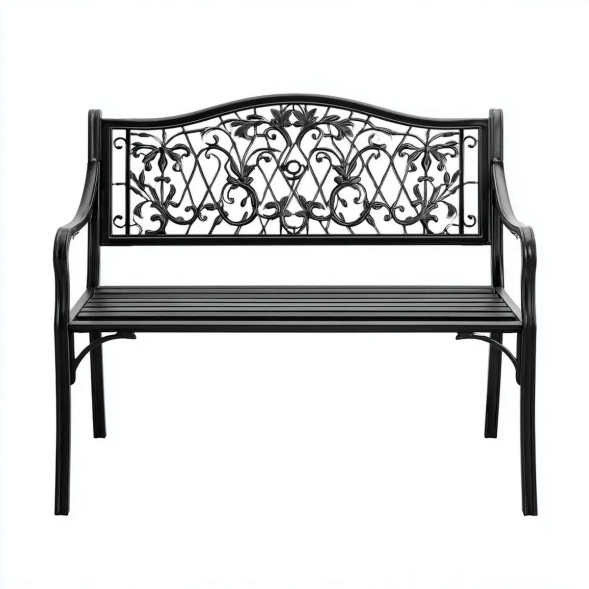 Dwuosobowa metalowa ławka ogrodowa czarna 100 x 54 x 77 cm z kwiatowym oparciem