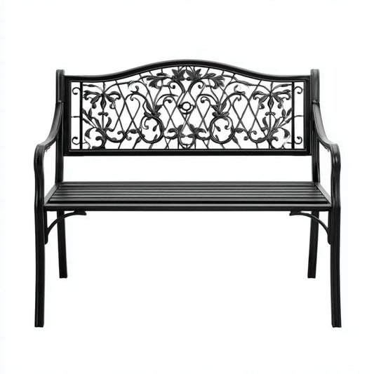 Dwuosobowa metalowa ławka ogrodowa czarna 100 x 54 x 77 cm z kwiatowym oparciem