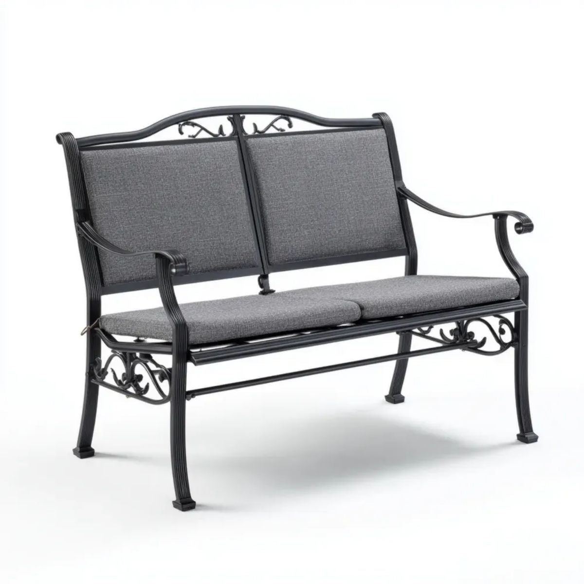 Dwuosobowa ławka ogrodowa aluminiowa czarno-szara z poduszkami, 122 × 65 × 92 cm