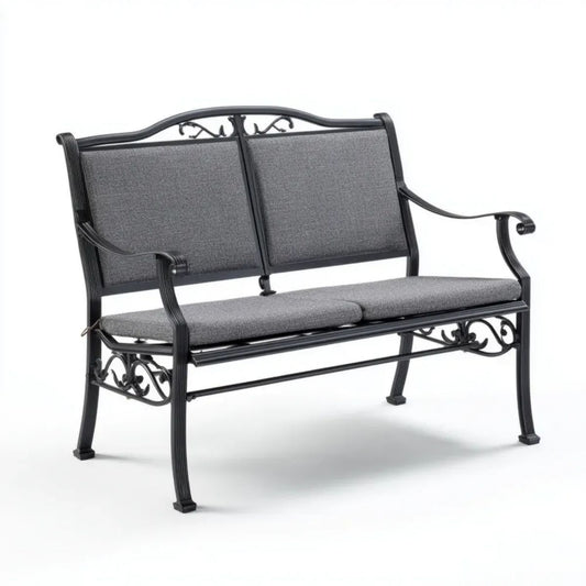 Dwuosobowa ławka ogrodowa aluminiowa czarno-szara z poduszkami, 122 × 65 × 92 cm