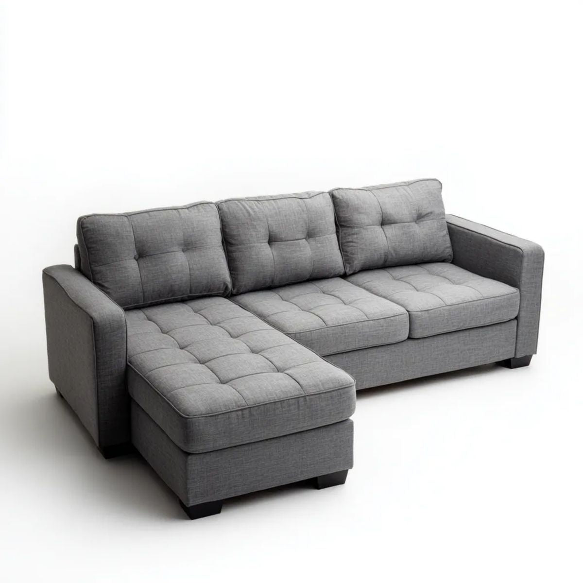 Szara sofa narożna z lewostronnym szezlongiem z poliestru, 260 x 160 x 85 cm