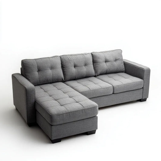 Szara sofa narożna z lewostronnym szezlongiem z poliestru, 260 x 160 x 85 cm