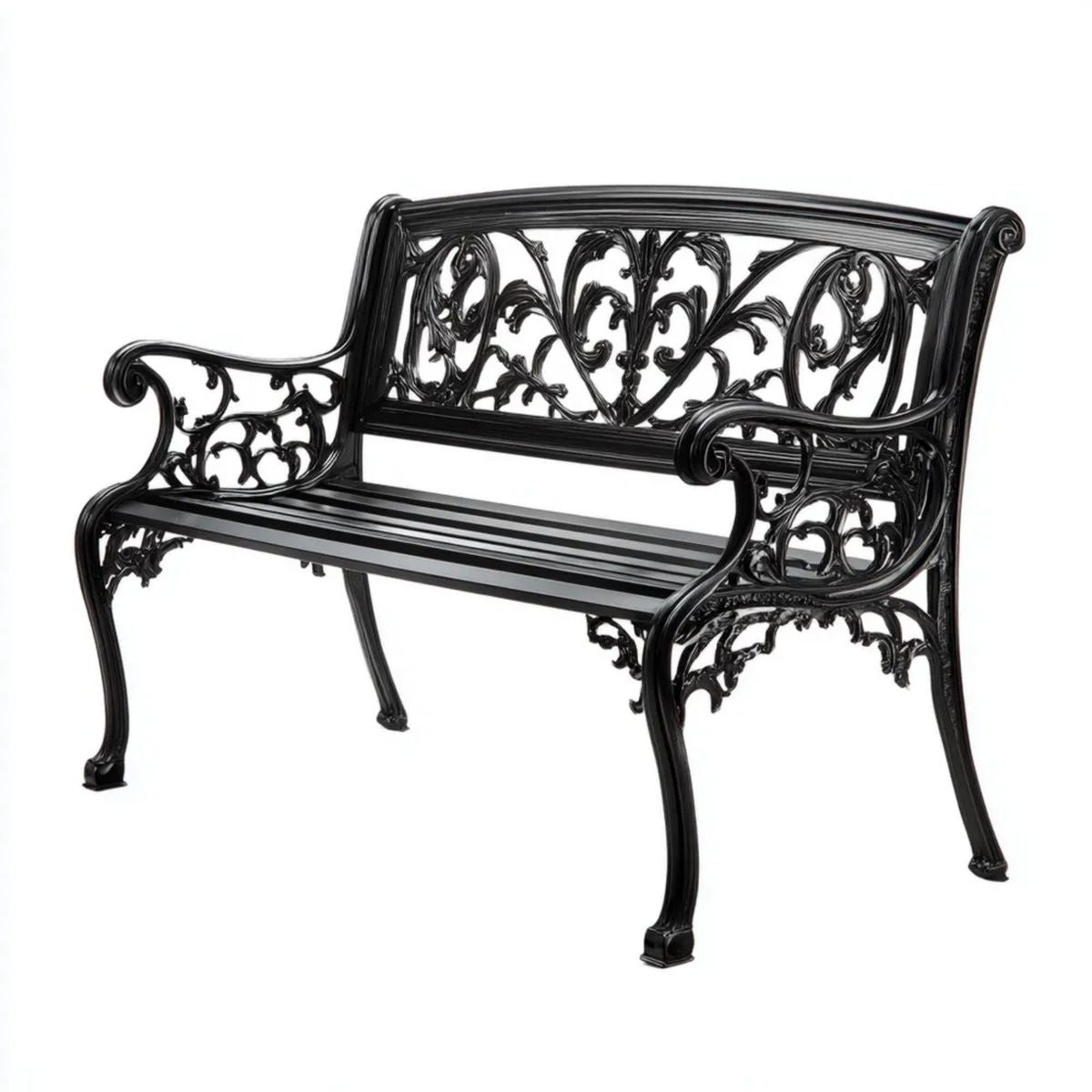Czarna aluminiowa ławka ogrodowa 2-osobowa z oparciem 122 × 60 × 87 cm