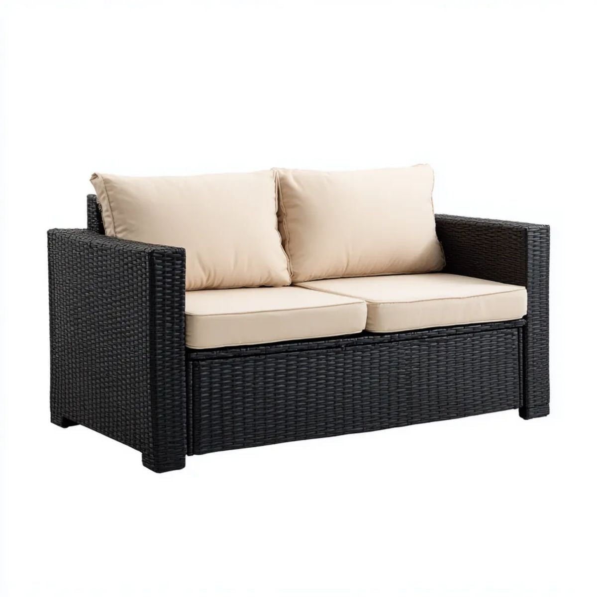 Dwuosobowa sofa ogrodowa z polirattanu, czarna z beżowymi poduszkami, 109 × 58 × 76 cm