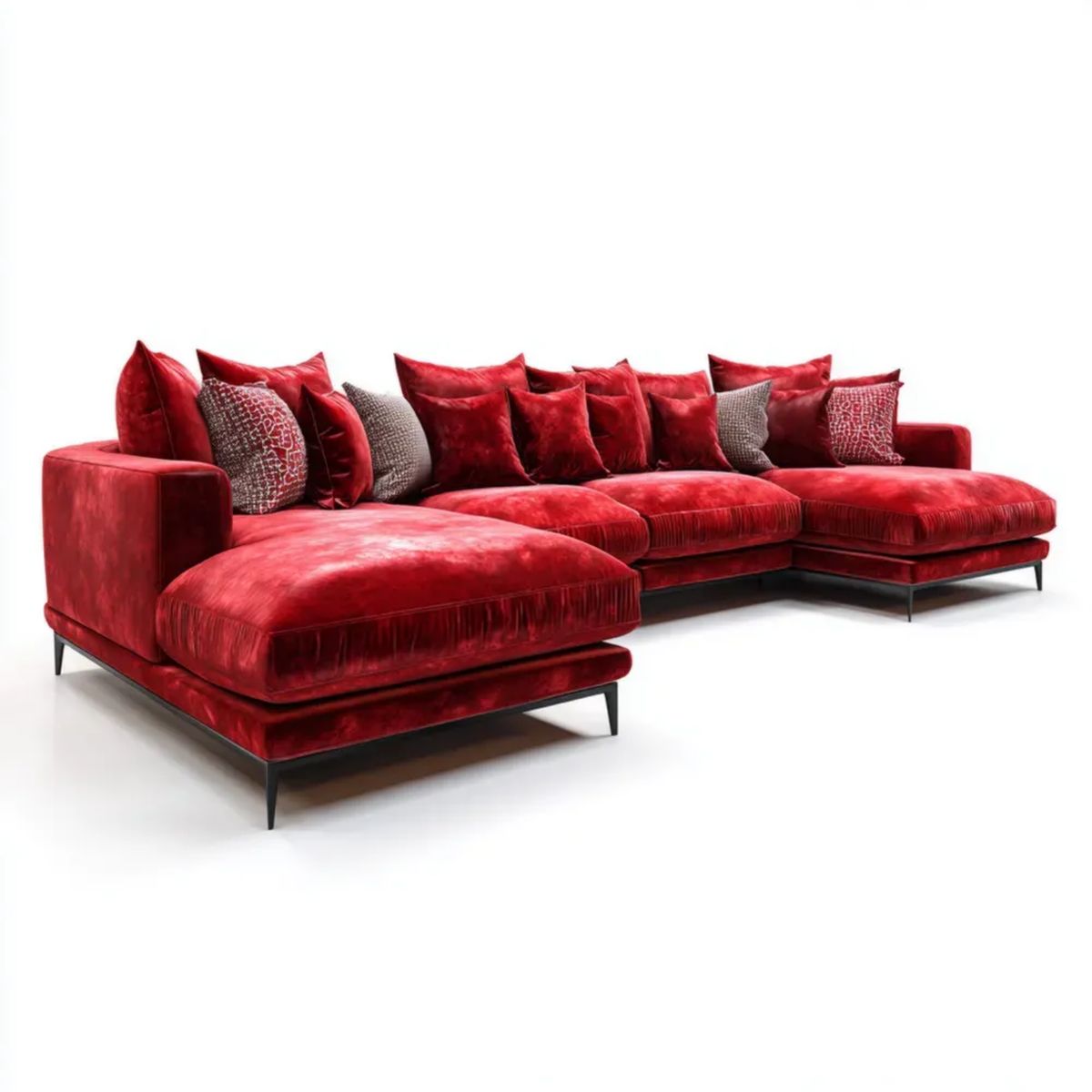 Modułowa sofa w kształcie U z aksamitu, czerwona/czarna, 390 x 190 x 85 cm