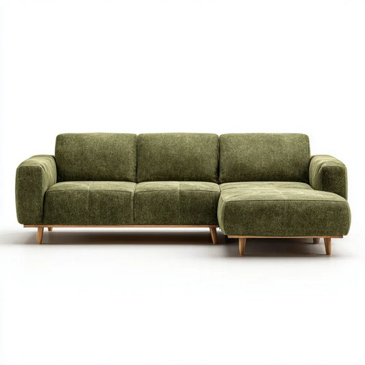 Prawostronna sofa narożna 3-osobowa z szezlongiem, aksamit poliestrowy, oliwkowozielona, 250 × 160 × 85 cm