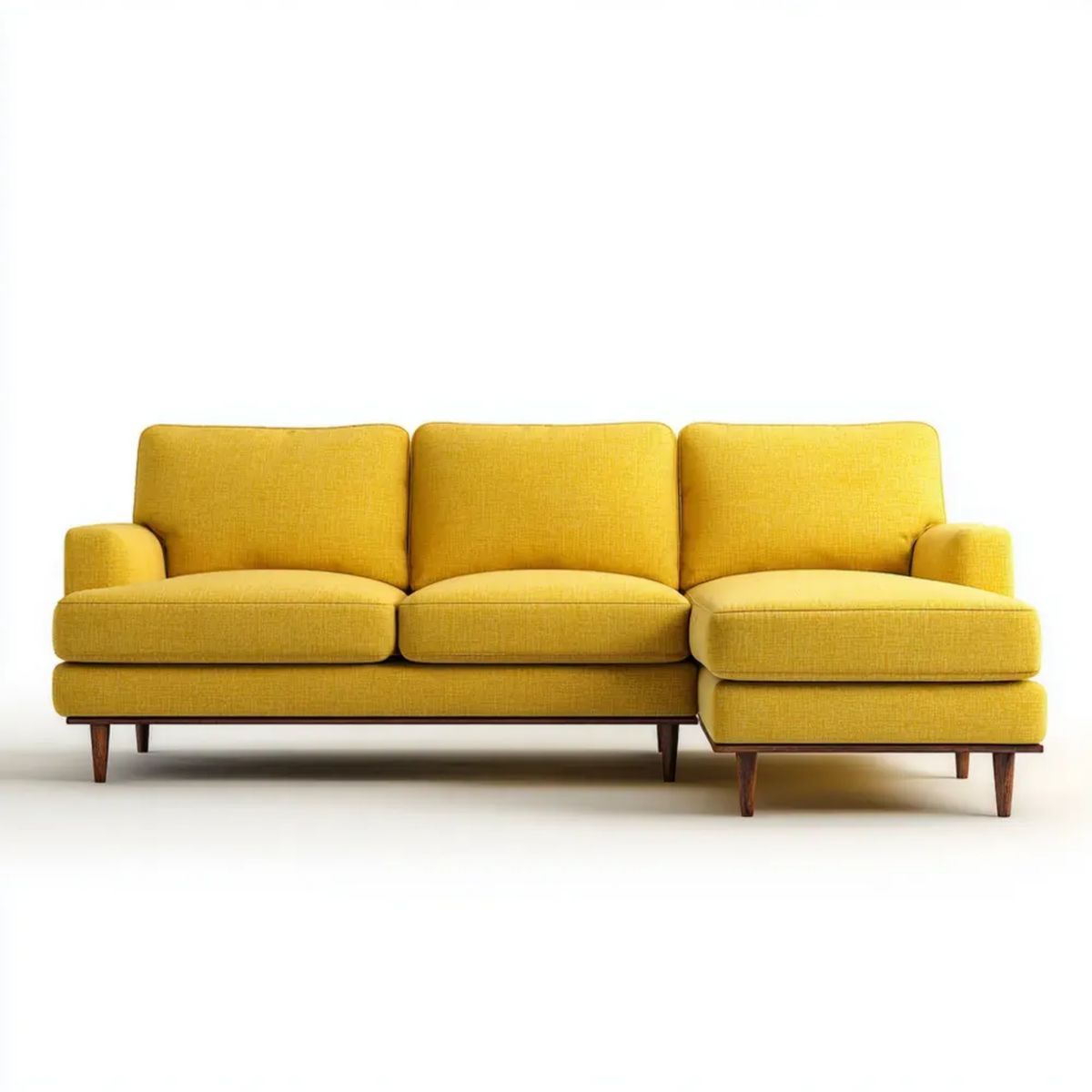 Musztardowa sofa narożna z prawym szezlongiem, tapicerowana tkaniną, 220 × 145 × 82 cm