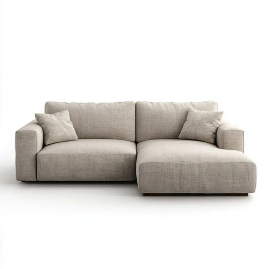 Beżowa sofa narożna z prawym szezlongiem, tapicerka poliestrowa, 250 × 160 × 85 cm