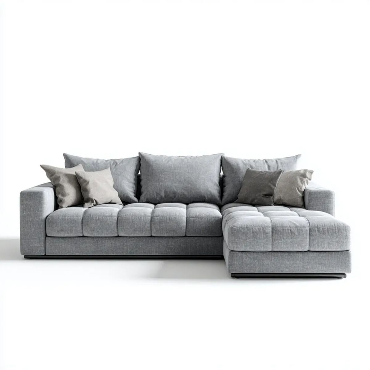Szara sofa narożna z prawostronnym szezlongiem, tapicerowana poliestrem, 280 × 170 × 85 cm, kształt L