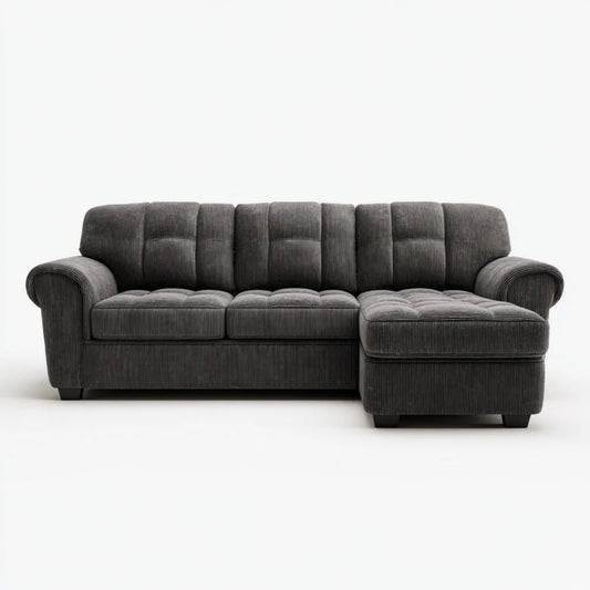 Prawostronna sofa narożna z szezlongiem ze sztruksu grafitowa 230 × 150 × 88 cm