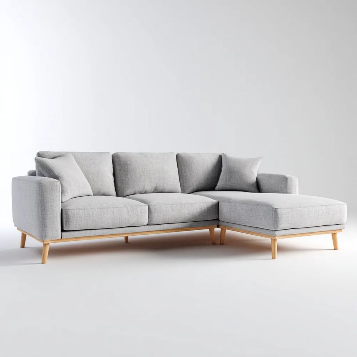 Prawostronna sofa narożna z szezlongiem z poliestru, jasnoszara, 260 x 165 x 84 cm, kształt L