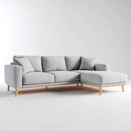 Prawostronna sofa narożna z szezlongiem z poliestru, jasnoszara, 260 x 165 x 84 cm, kształt L