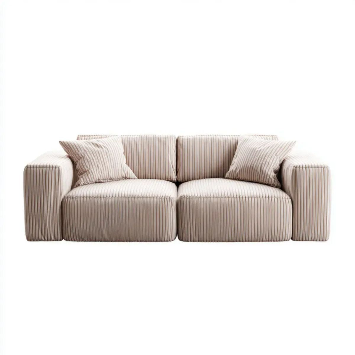 Beżowa sofa dwuosobowa z prążkowaną tapicerką poliestrową, 220 x 95 x 70 cm
