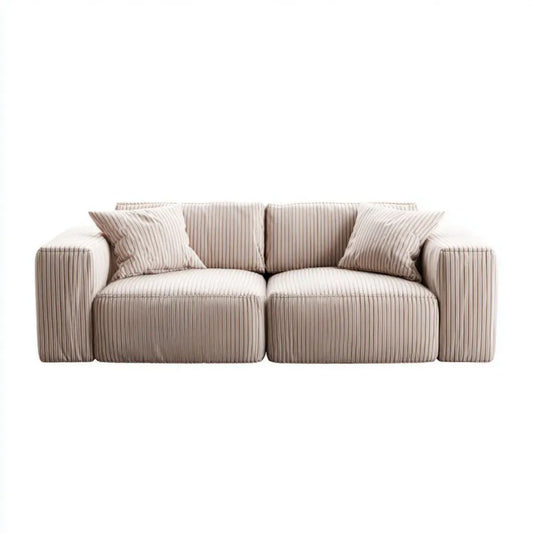 Beżowa sofa dwuosobowa z prążkowaną tapicerką poliestrową, 220 x 95 x 70 cm