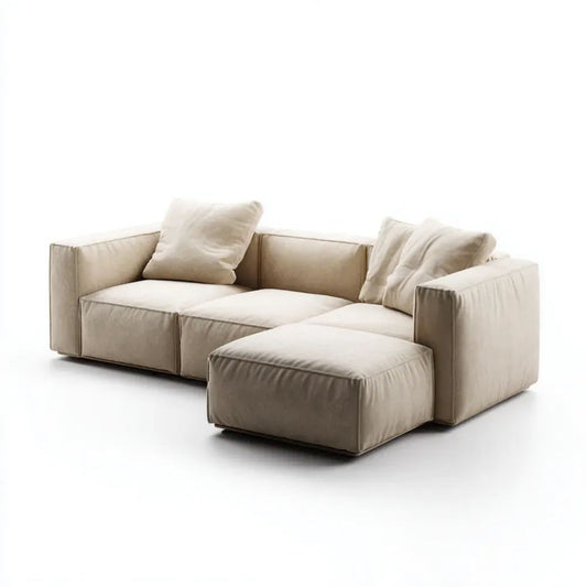 Beżowa sofa narożna w kształcie L z prawostronnym szezlongiem, tapicerowana poliestrem, 260 × 160 × 85 cm