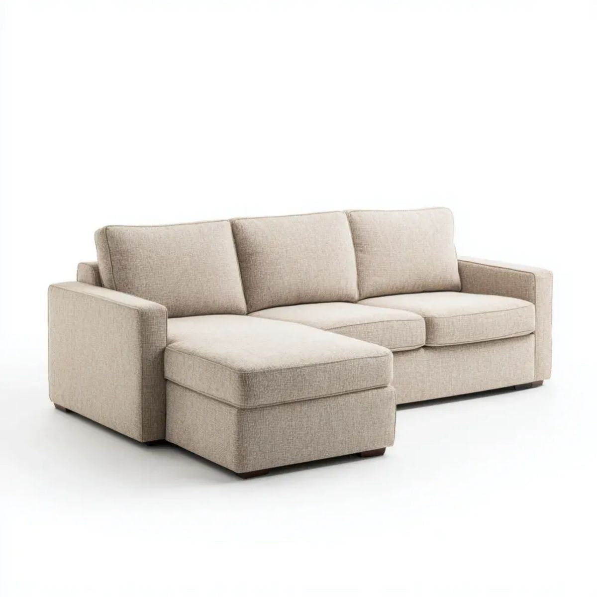 Beżowa sofa narożna 3-osobowa z lewostronnym szezlongiem, tapicerowana tkaniną, 230 x 150 x 85 cm