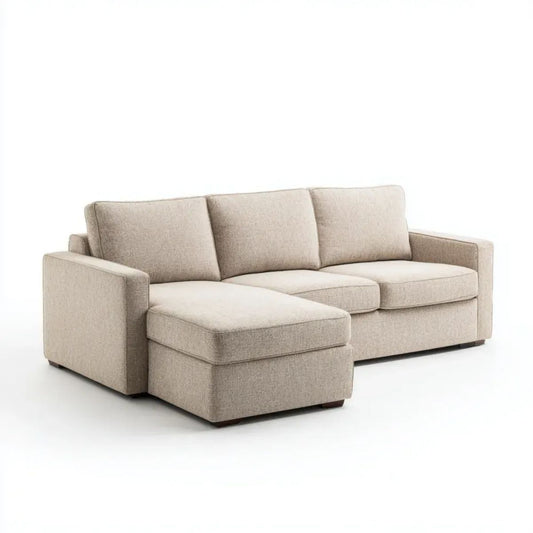 Beżowa sofa narożna 3-osobowa z lewostronnym szezlongiem, tapicerowana tkaniną, 230 x 150 x 85 cm