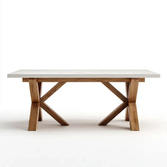 Prostokątny stół do jadalni biało-brązowy z blatem MDF i podstawą z litego drewna dębowego, 180 x 90 x 75 cm