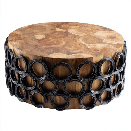 Okrągły stolik kawowy z drewna i metalu, czarno-brązowy, Ø 80 × 40 cm